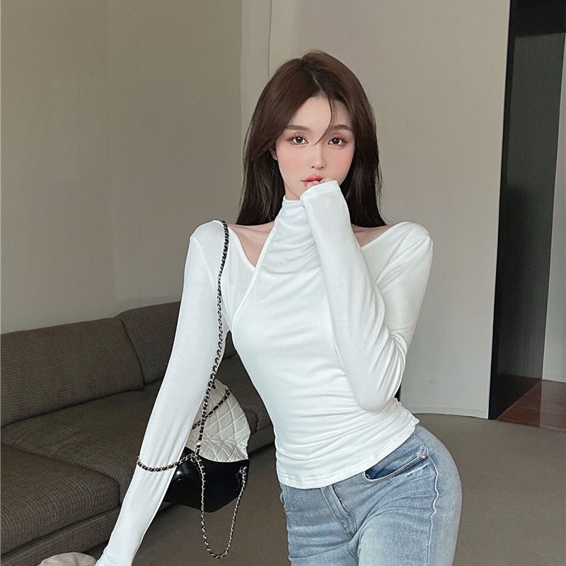 #Sisjuly# T-shirt ketat turtleneck kemeja bottoming hangat palsu dua