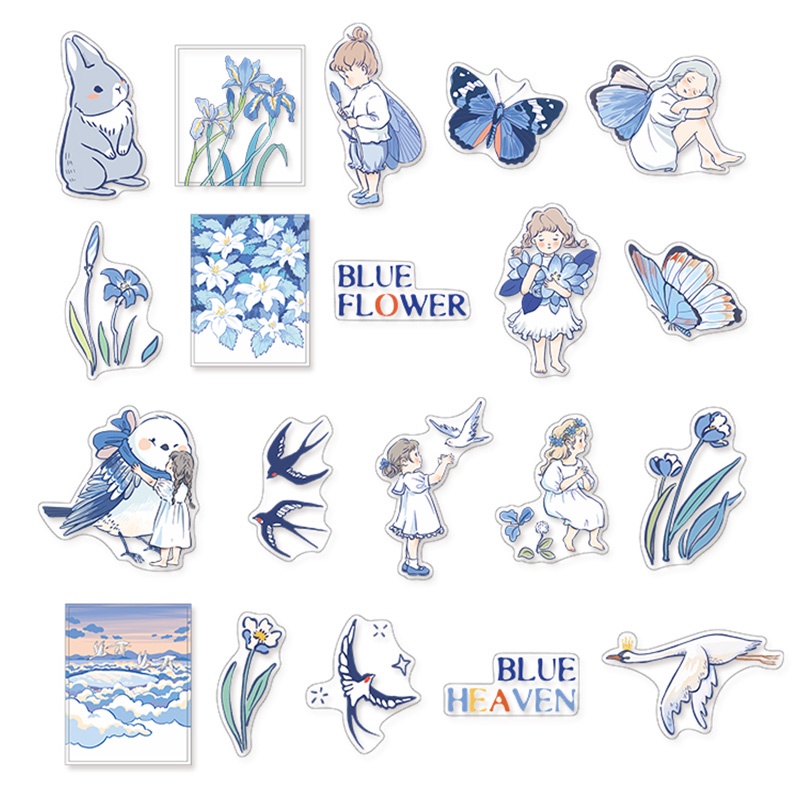 20 Sheets PET Sticker Pack Blue Series Cartoon Handbook Stationery Deco Sticker