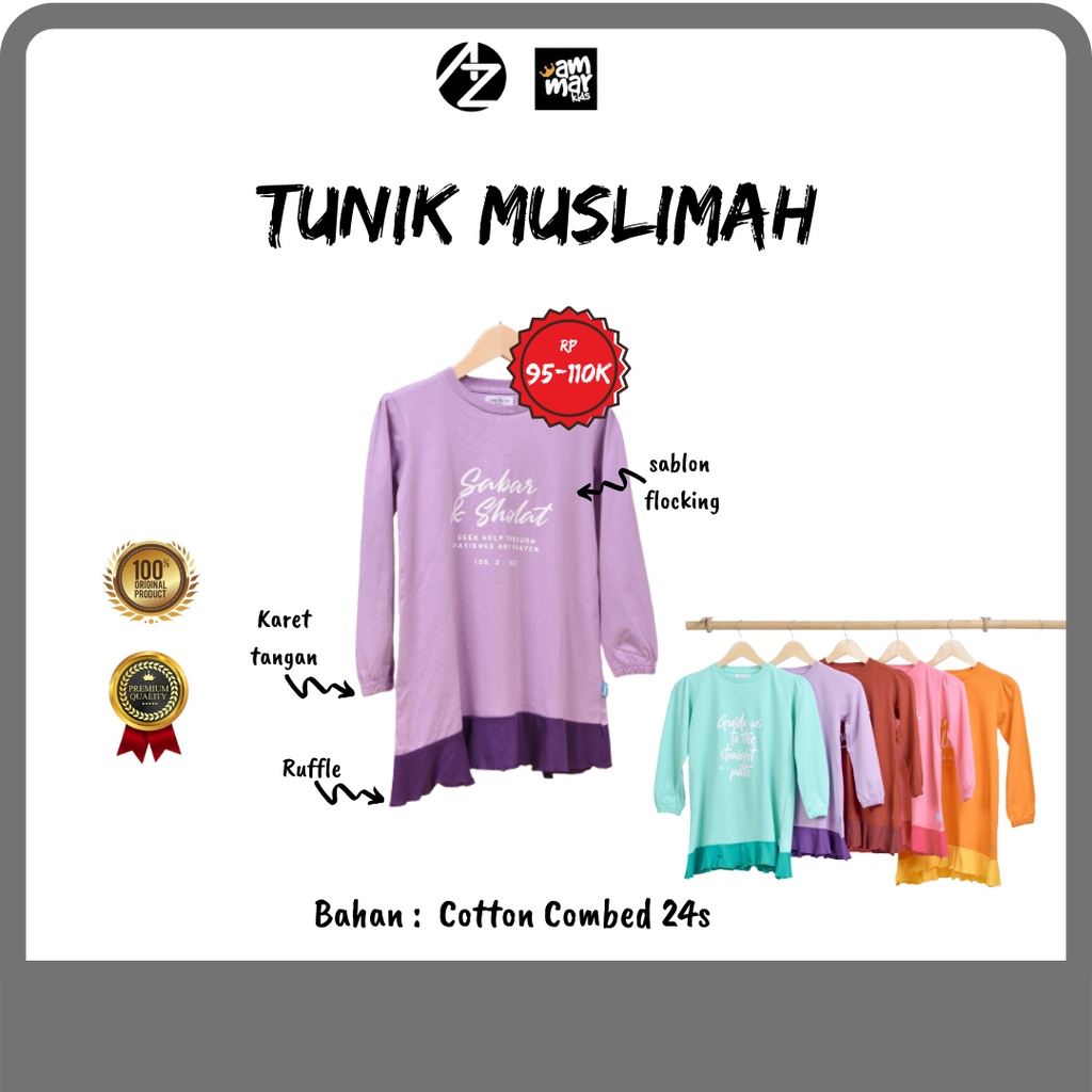 Tunik Ammarkids Baju Muslim Anak Tunic Muslimah Ammar Kids Kaos Perempuan Merah Orange Biru Tosca Pink Ungu Aiza