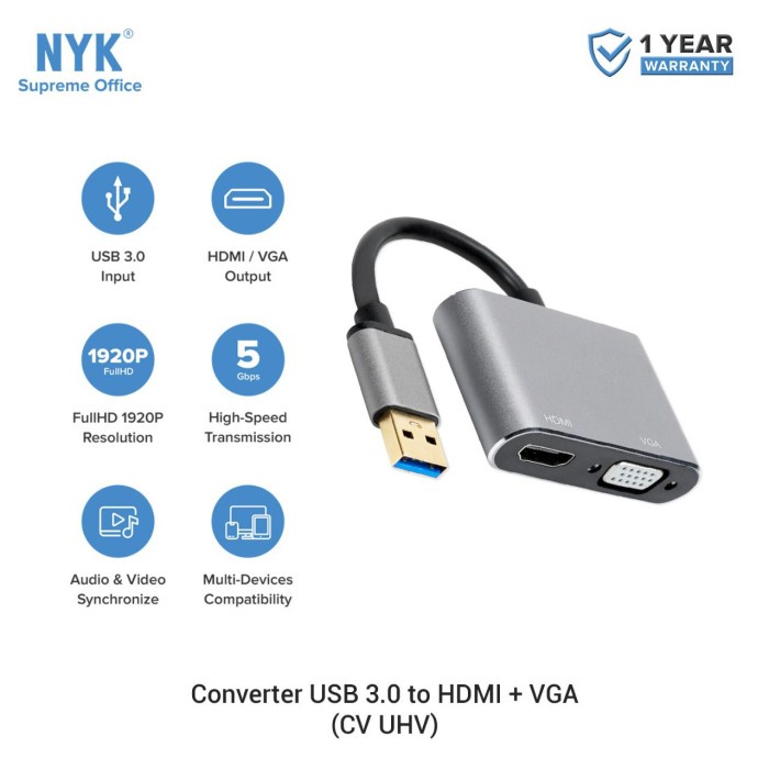 Kabel Converter USB 3.0 To HDMI + VGA 2in1 NYK 1920P