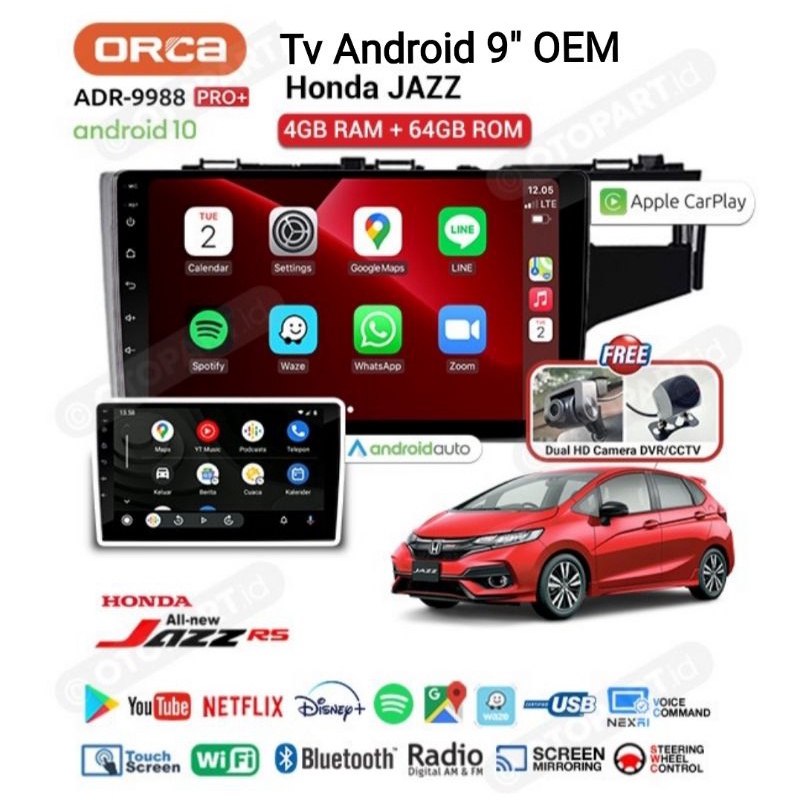 Head Unit Android 9 inch ORCA PRO+ CarPlay OEM Honda Jazz 2013 Jazz 2014 Jazz 2015 - Up