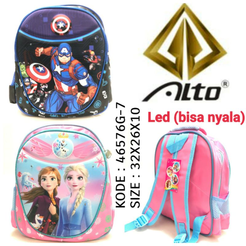 TAS SEKOLAH ANAK PAUD TK COWO DAN CEWE ALTO 46576G-7 46576B-7 TAS LED NYALA KARAKTER