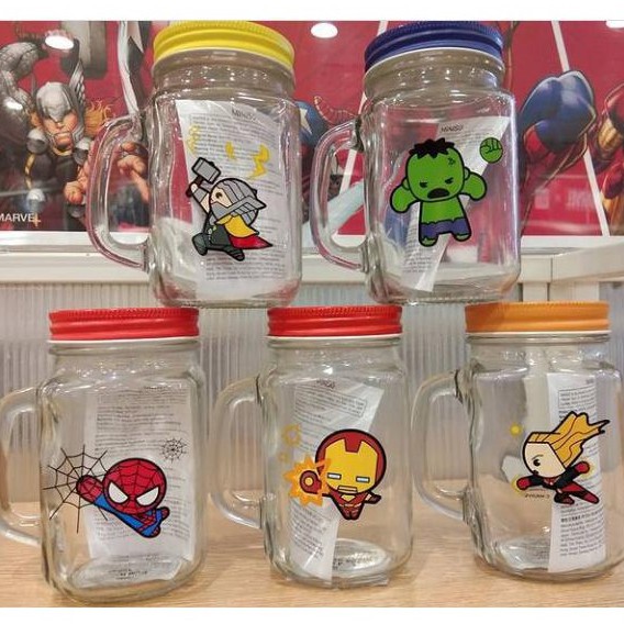 Miniso Captain Marvel Gelas Kaca Jar Mug 710ml With Tutup and Sedotan
