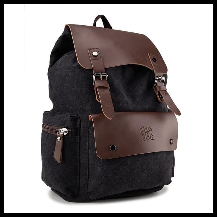 Urban State - Canvas PU Buckled Flap Backpack - Black