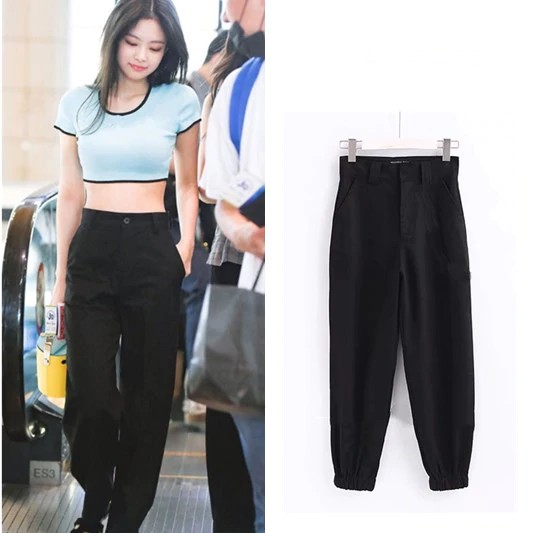 kpop Blackpink JENNIE same streetwear round neck t shirt women two piece set top and pants