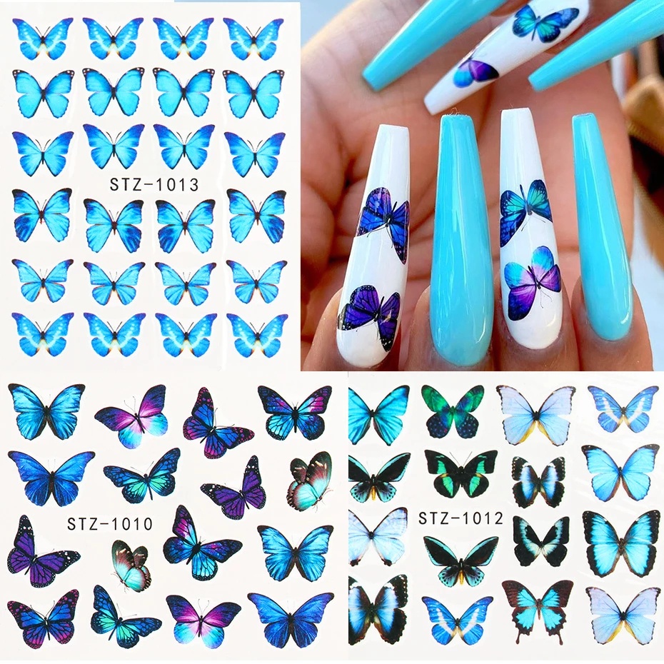 [ 1Pc Watercolor Butterfly   Blue Flowers Nails Stickers Art Decorations Nail Makeup Tools for Girls ]