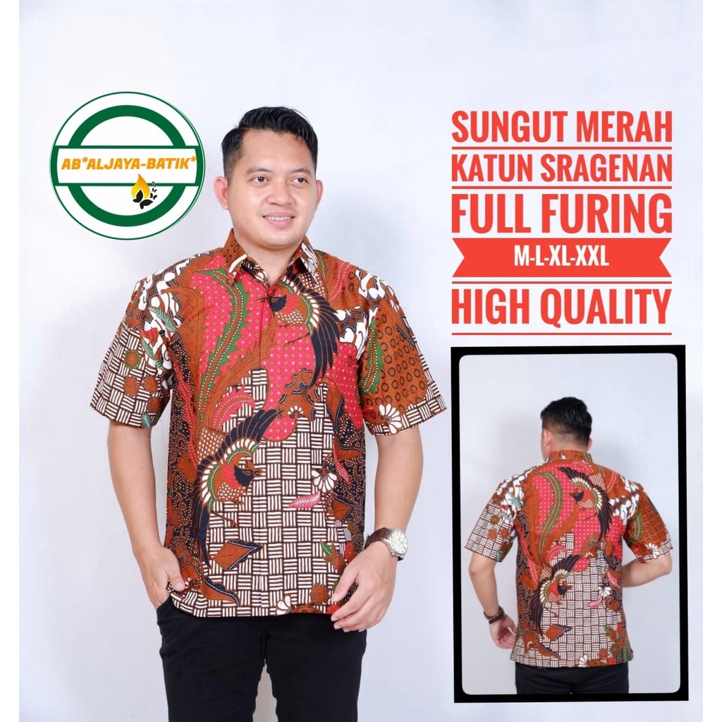 SUNGUT MERAH ALJAYA BATIKSOLOAMANAH BAJU KEMEJA BATIK PRIA SOLO LENGAN PANJANG PENDEK LAPIS FURING ATASAN PREMIUM MODERN KATUN HALUS GURDO PUTIH GURDO TRESNO JANOKO KAPAL KANDAS LAWASAN KEJAYAN KEMBANG PARANG TRUNTUM WARNA GESEM IJO KIPAS WULU UKAIL KLA