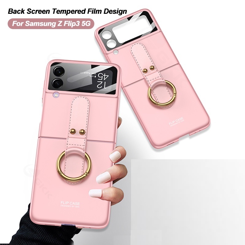 Hard Case Frosted Matte Skin Feel Folding Phone Case With Ring and Tempered Glass For Samsung Galaxy Z Flip 4