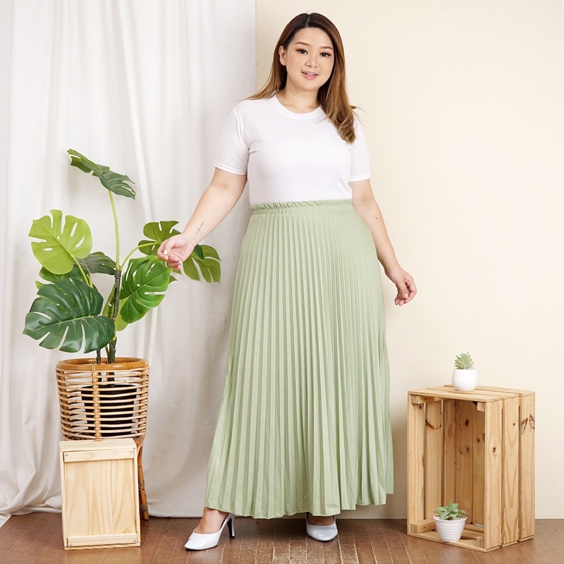ROK PLISKET JUMBO XXL PAYUNG PLEATED SKIRT MURAH MUSLIM IBU ACARA POLOS ROK PANJANG PAYUNG MAYUNG-Olive
