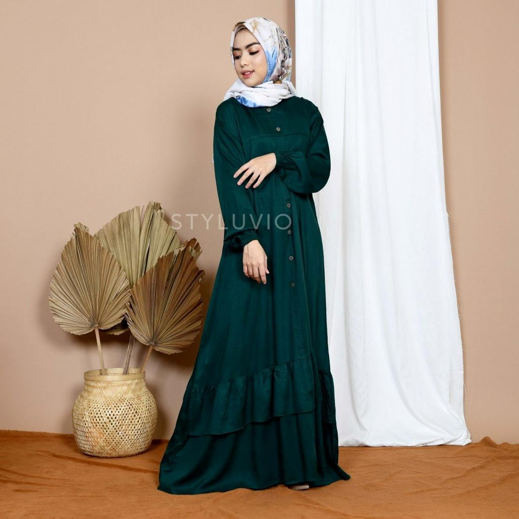 ZALIA Ruffled Dress LD 112 P 140 Busana Muslim Muslimah Baju Gamis Rempel Kancing Hidup Bahan Premiu