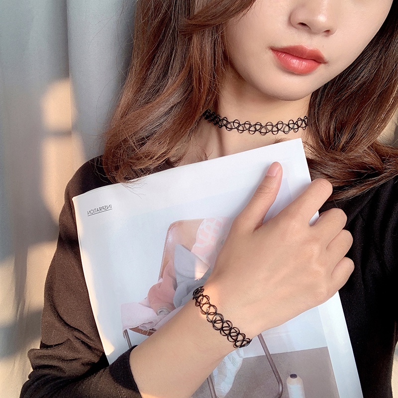 Eropa Dan Amerika Gaya Tato Berongga Jalinan Ikan Garis Peregangan Campuran Kalung Kerah Gelang Cincin Set Unisex Fashion Aksesoris