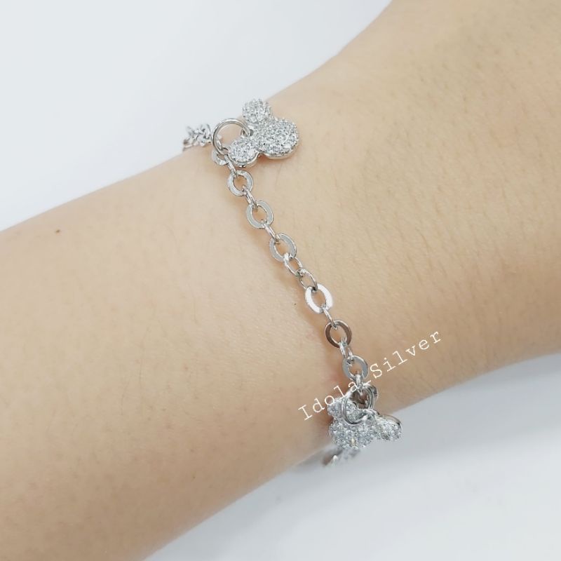 GELANG PERAK ASLI SILVER 925 LAPIS EMAS PUTIH DEWASA MODEL RANTAI NORI GANTUNGAN MICKEY MOUSE - PERHIASAN PERAK