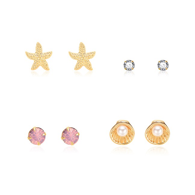 LRC Anting Set Fashion Gold Starfish Shell Pearl Stud Earrings 4 Pairs F29791