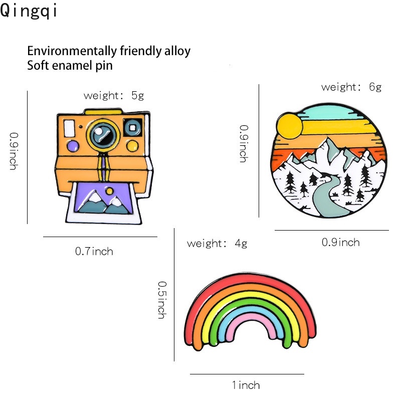 Bros Pin Enamel Desain Kartun Kamera / Pelangi / Matahari Terbenam / Gunung Gaya Retro