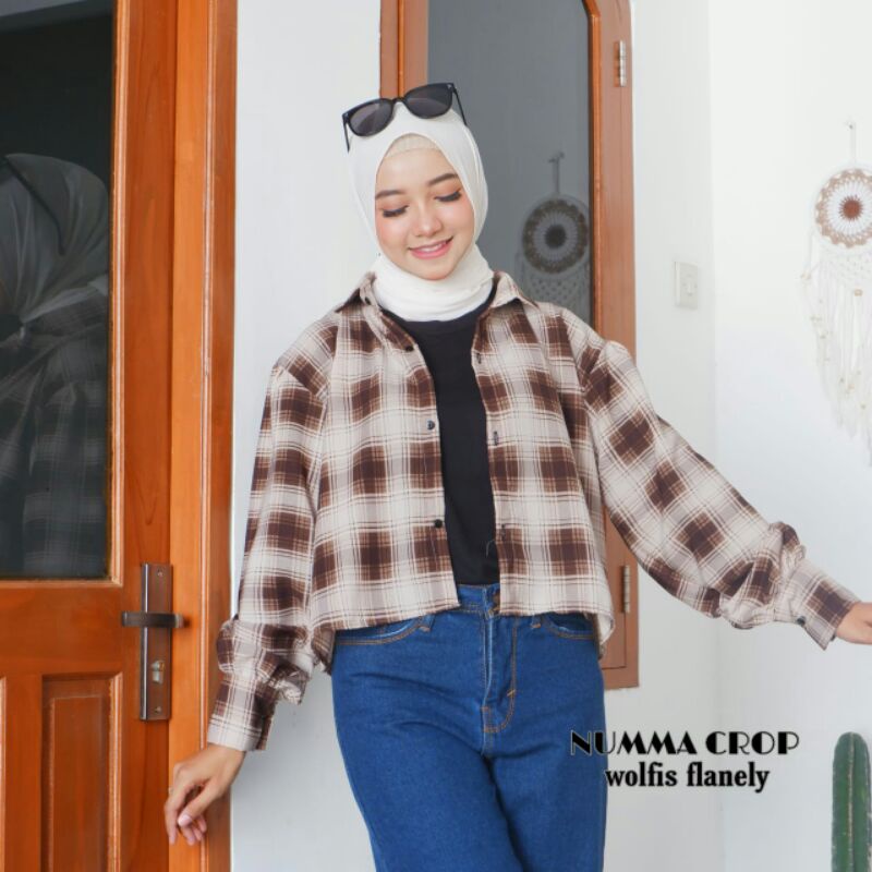 BLOUSE TARTAN LENGAN BALON MIZU KOREAN STYLE | KEMEJA MODEL FLANEL WANITA NUMMA-Numma Creamy