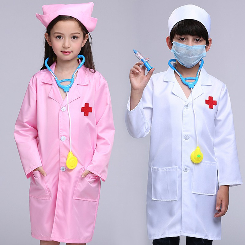 Kostum Baju  Dokter Lengan Panjang Warna Putih Pink  untuk 