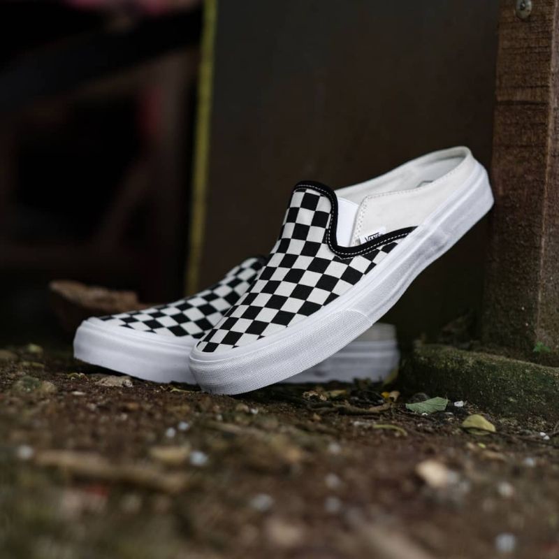 Vans Slip On Checkerboard Mule Black / White 100% Original Global Market