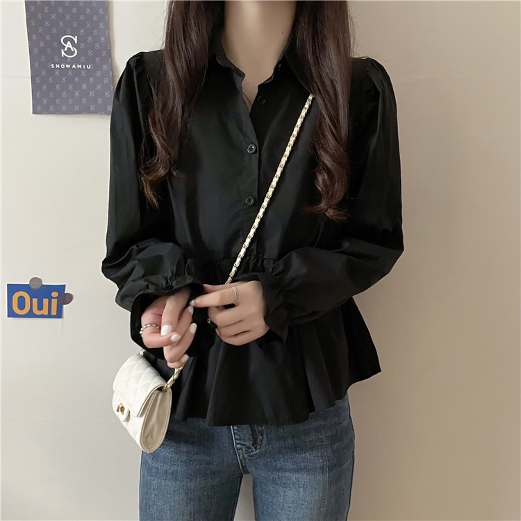 Kemeja Hitam Wanita Lengan Panjang Blouse Korean Style Berkerah Wanita