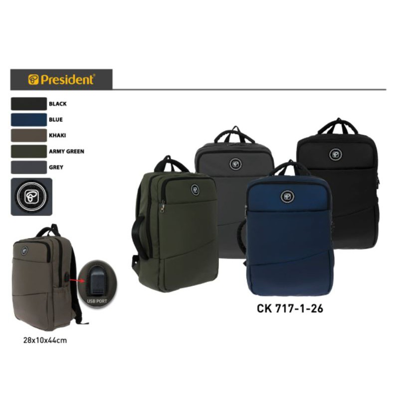 Tas Ransel Laptop Backpack President Original USB Port/Tas ransel president kantor/Tas ransel presid