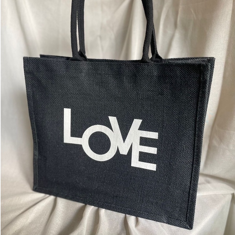 Tas goni / jute bag / tote bag custom nama LANDSCAPE ALL BLACK
