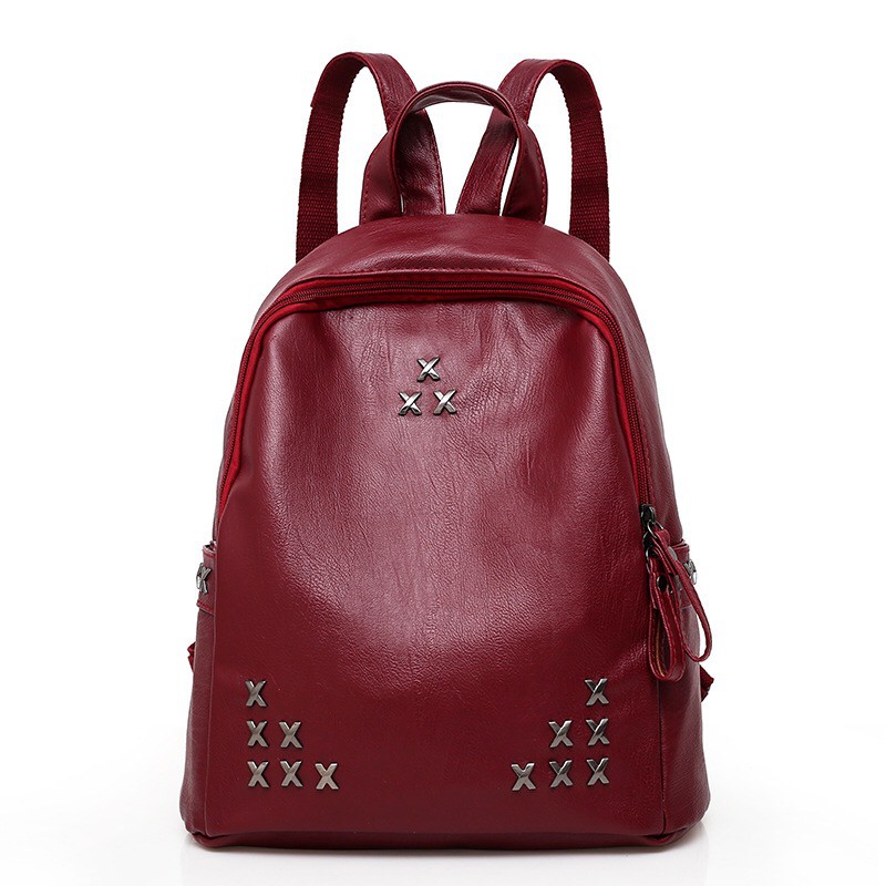 Mores Shop Tas Ransel Wanita Import Merah Lindsay Fashion Stud Backpack Pu Kulit Simpel