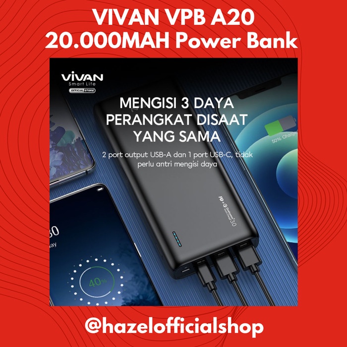Powerbank 20000Mah Original VIVAN VPB-A20 Dual Input 3 Output 22.5W