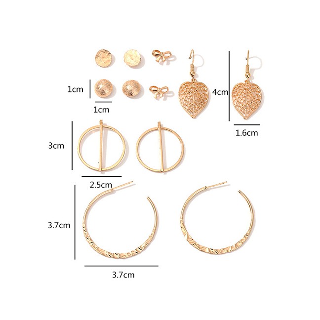 LRC Anting Tusuk Fashion Golden Leaf Bow Geometric C-shaped Earring Set D81679