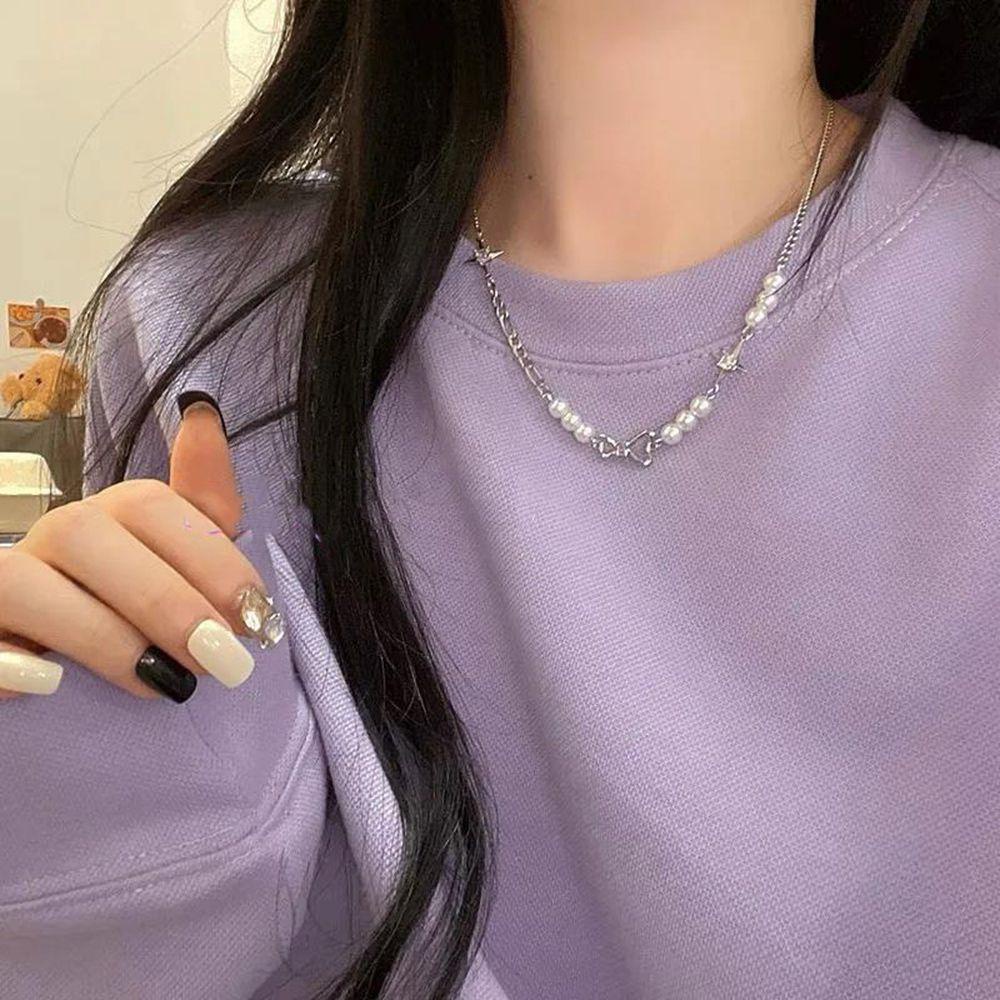 MXBEAUTY Kalung Mutiara Retro Hip Hop Bintang Ikatan Simpul Perhiasan Hadiah Pria Kalung Temperamen Perempuan Sweater Rantai