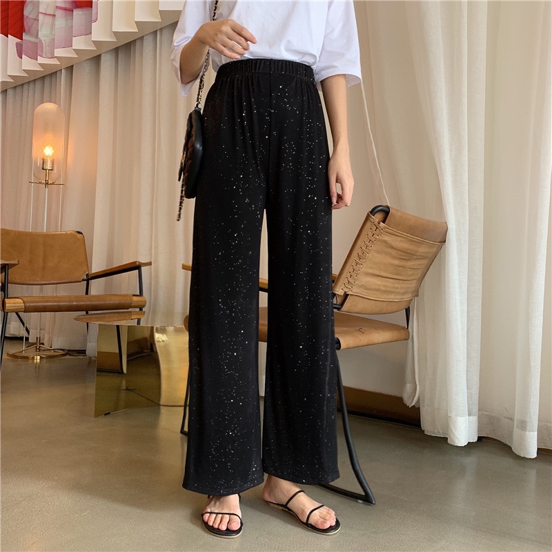korean style celana panjang wanita high waist kasual loose hitam straight pants