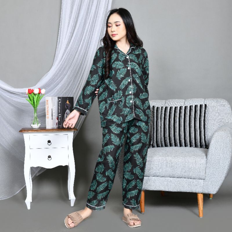 Baju Tidur Piyama Wanita/Cewek Pajamas Dewasa Katun Motif Coco Daun PP Lengan Panjang Kekinian