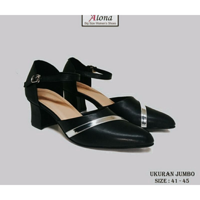 Sepatu Formal Wanita Cewek Big Size 41-42-43-44-45 Oxpord 302.Line Ukuran besar Kulit Hitam Kaki JUMBO Gemuk Heels Kantoran Ori