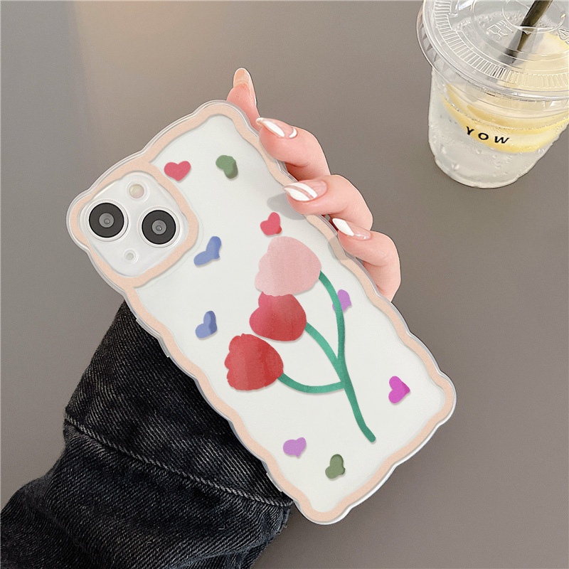 Soft Case Pelindung Lensa Kamera Motif Tulip Dan Hati Tahan Banting Untuk iPhone 13 Pro Max 11 12 Pro X XS Max 7 8 Plus SE 2020