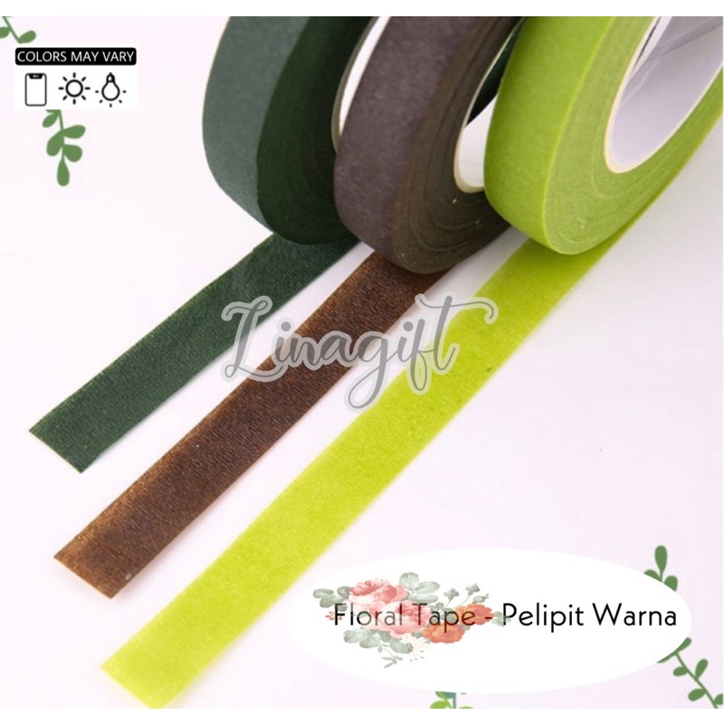 ( Rol 10 Yard ) FLORAL TAPE / FLOWER 1/2 INCH / 1.2 CM / 0.5 IN ISOLASI / SELOTIP 12MM TANGKAI BUNGA HIJAU / COKLAT PELIPIT WARNA