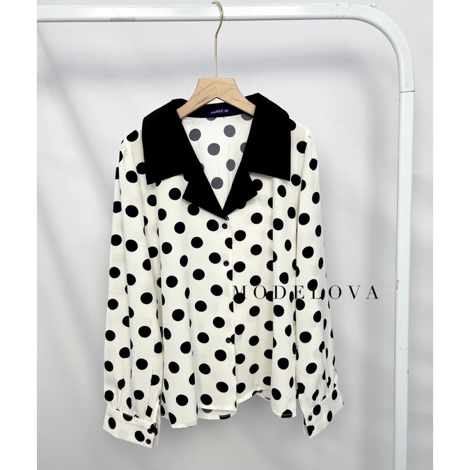 MDLV - 2160# Polkadot Notched Collar Shirt Blouse Polkadot Atasan Polkadot Lengan Panjang Fashion Import