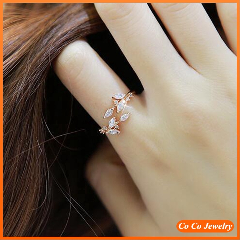 Cincin Korean Fashion Tail Ring Zircon Leaves Open Ring 925 Silver Adjustable Ring