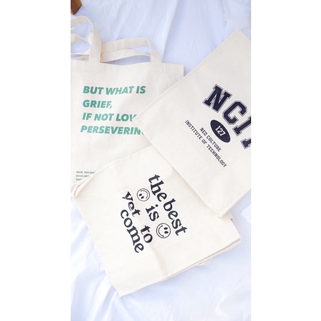 CUSTOM TOTEBAG KANVAS NCIT KOREA LUCU BEAR QUOTE MOTIVASI TAS LAPTOP TAS KERJA SERBA GUNA NCIT