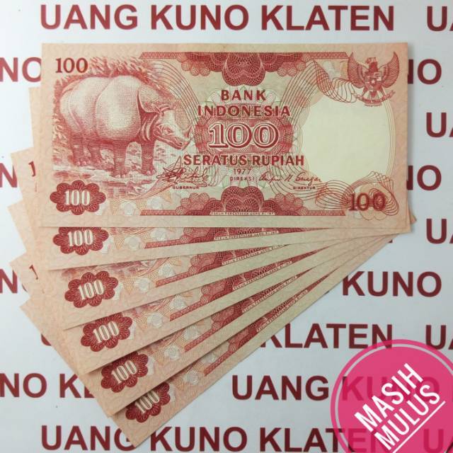 Mulus Asli Rp 100 Badak Jawa Tahun 1977 Rupiah Bercula 1 Uang kuno kertas duit jadul lama Indonesia Original