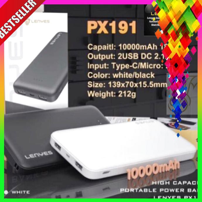 PROMO POWERBANK LENYES PX191 10000MAH ORIGINAL 100% 2 USB REAL CAPACITY BERKUALITAS