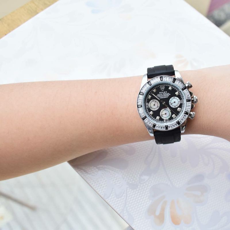 Jam R0L*EX tali karet Unisex dengan buckle pengait model rantai + free gelang (model random)