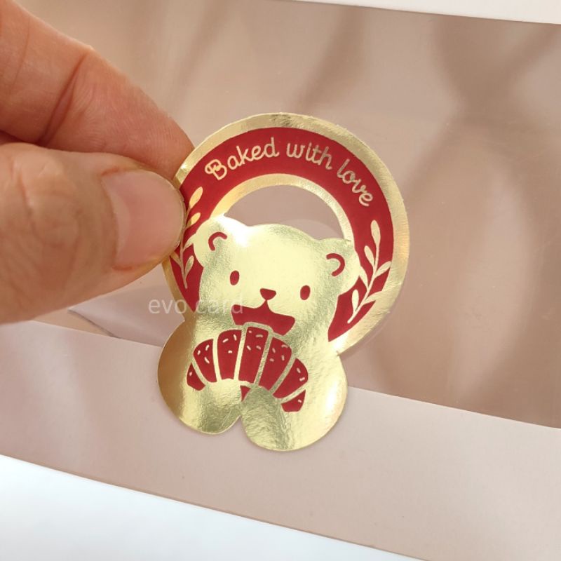 

Sticker Baked with love warna gold bentuk bear super cute | stiker label bakery