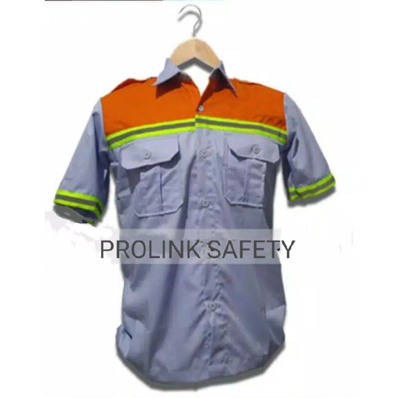 LENGAN PENDEK BAJU SAFETY ABU ORANYE KANCING BERLOGO K3 BENDERA