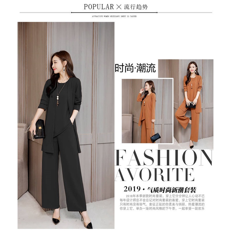 One Set 3Pcs Setelan Wanita Longgar Kasual Katun Jaket Mantel Lengan Panjang + Rompi + Celana Wide Leg Stelan
