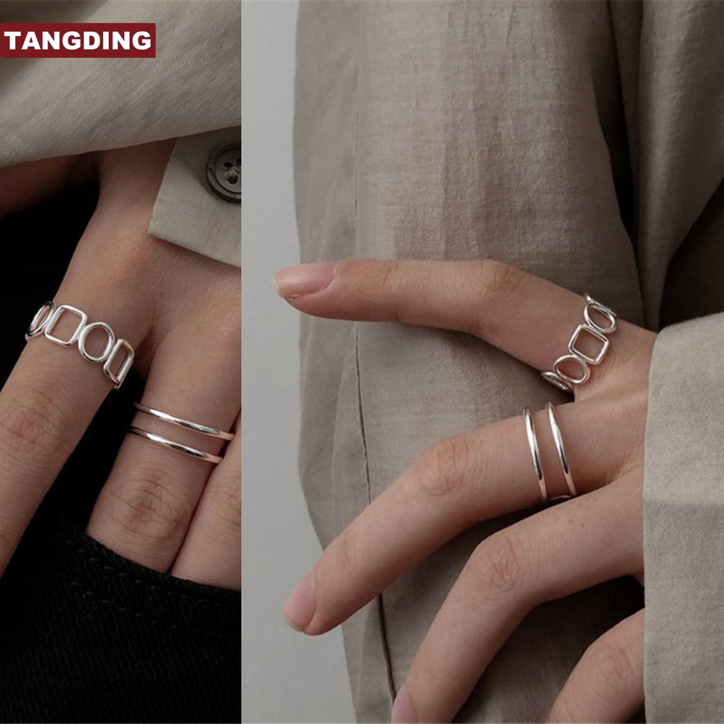 2pcs / Set Cincin Jari Telunjuk Model Garis Ganda Rongga Geometris Gaya Korea