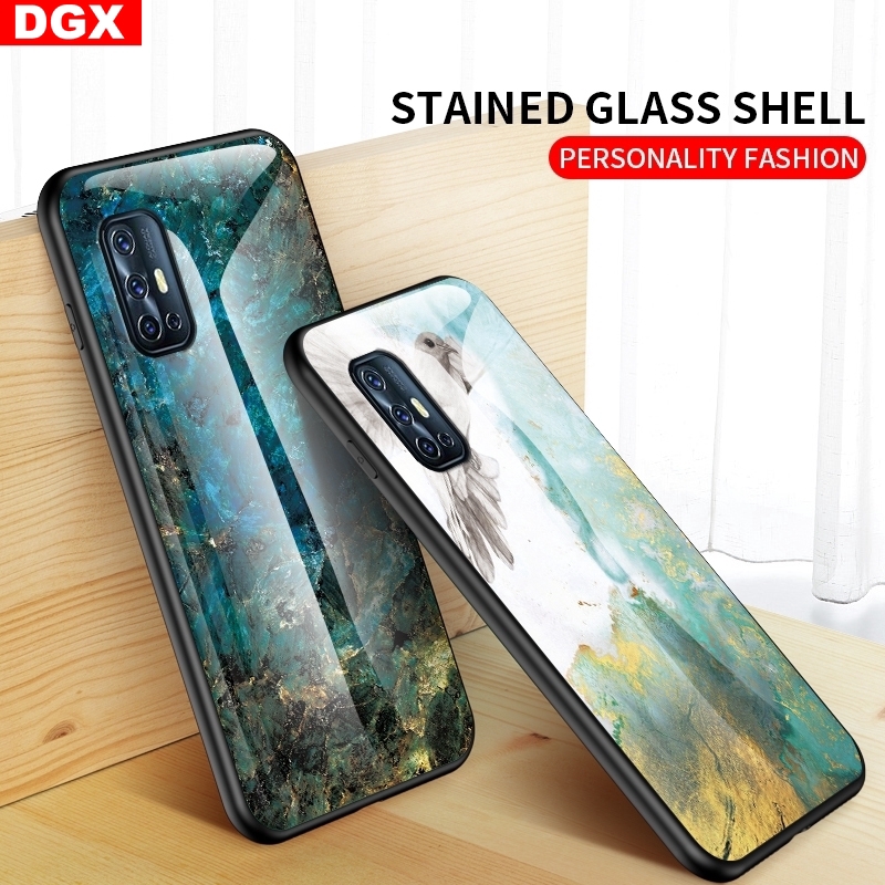 Casing Soft Case TPU + Tempered Glass Shockproof Motif Marmer Mewah untuk vivo V19 / S1 Pro / y19 / y15 / y15 / y11 / y11