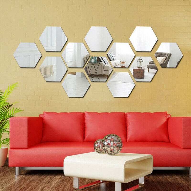 Cermin dinding Dekorasi Rumah Sticker Kaca cermin ruang tamu minimalis modern Dekorasi Dinding Hexagon Mirror Acrylic 7PCS Warna Silver dinding rumah minimalis modern untuk ruang tamu kamar mandi bathroom ruang keluarga kantor cafe toko