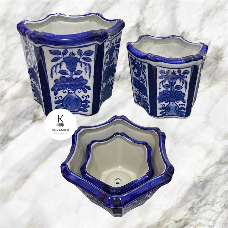 1Set Pot Keramik China Putih-Biru