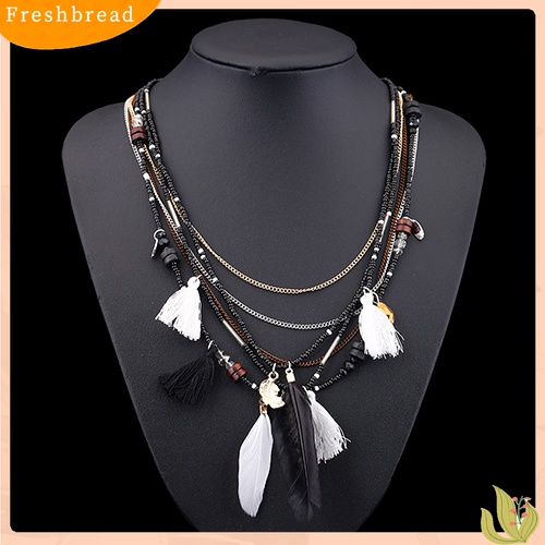 [TERLARIS]Women's Boho Ethnic Style Feathers Tassels Beads Multi-layer Chain Necklace