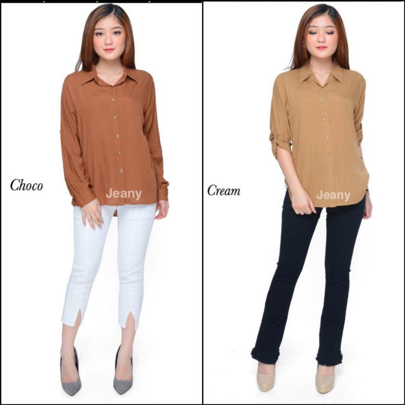 Kemeja Blouse Blus Atasan Wanita Kasual Kerja Kantor Formal Bahan Katun Rayon Lengan Panjang