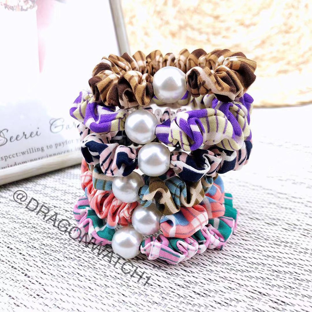 [Fashion Wanita] Ikat rambut mutiara motif Kotak-kotak gaya korea elastis cincin rambut import  T011