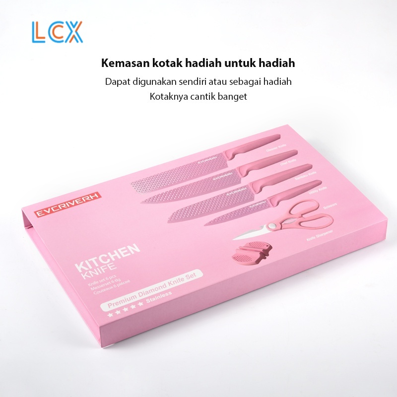 LCX Pisau Diamond Knife Set /Set Pisau Dapur / Pisau Berlian Merah Muda Pisau Diamond VS-1844